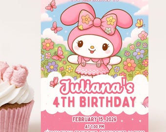 May include: Pink invitation card for a 4th birthday party. The card features a cartoon character in a pink bunny costume, surrounded by flowers and butterflies. Text includes "You are invited to Juliana's 4th Birthday" and event details.