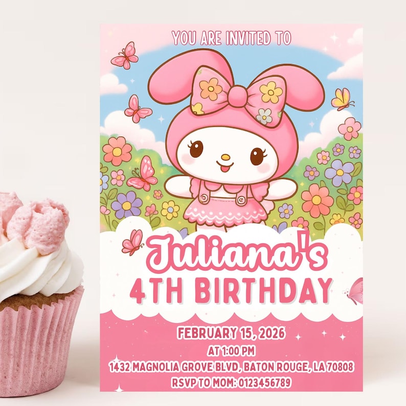 May include: A pink birthday invitation card featuring a cartoon character in a bunny costume. The card is decorated with flowers and butterflies. Text reads "You are invited to Juliana's 4th Birthday" and includes event details.
