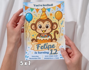 Monkey Birthday Invitation: Jungle Theme Party, Editable Template (Digital Download)