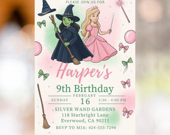 Witch Birthday Invitation, Green and Pink Fairytale (Editable Canva Template)