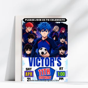 Peut inclure: Une invitation d'anniversaire avec une illustration de football de style anime. L'invitation comprend le texte "PLEASE JOIN US TO CELEBRATE" en haut, avec "VICTOR'S" et les détails de la célébration du 11e anniversaire.