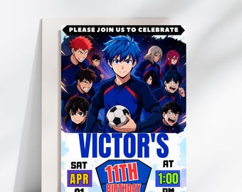 Blue Lock Geburtstagseinladung: Anime Fußballparty, bearbeitbare Canva Vorlage (digitaler Download)