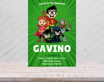 Superhero Birthday Invitation: Green Comic Book Party (Digital Download, Editable Template 5x7" Canva)
