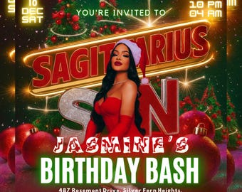 Sagittarius Christmas Birthday Party Invitation, Nightlife Flyer (Canva Template)