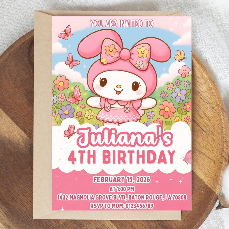 May include: A pink and white birthday invitation featuring a cartoon character with a bunny-like hood. The invitation includes the text "YOU ARE INVITED TO Juliana's 4TH BIRTHDAY" along with the date, time, and location.