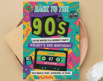 90s Geburtstagseinladung: Retro Kassette Tonband Neon Party (Digitaler Download)