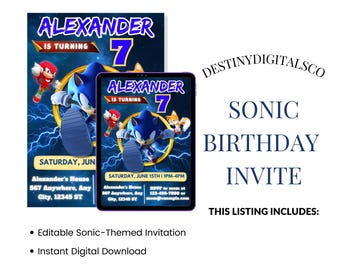 Sonic Geburtstagseinladung: Blaue Flitzer Party, bearbeitbare Vorlage (digitaler Download)