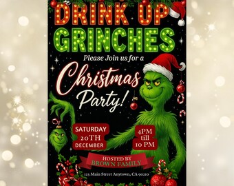 Drink Up Grinches Christmas Party Invitation Canva Template (Digital Download)