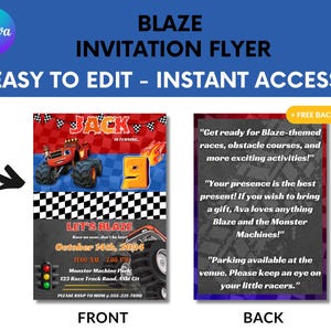 Monster Truck Birthday Invitation Racing Themed Party Invite Editable Digital Template for Kids Blaze Truck Party Invite Instant Download