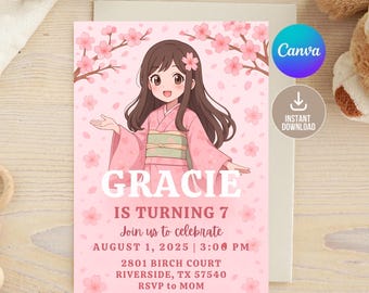 Cherry Blossom Birthday Invitation: Anime Girl, Pink Kimono (Digital Download, Editable Canva Template)