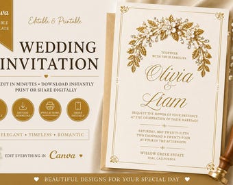Bearbeitbare Gold Blumenhochzeitseinladungsvorlage (Instant Download)