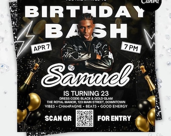 Black & Gold Birthday Bash Flyer, Club-Stil (bearbeitbare Canva-Vorlage)