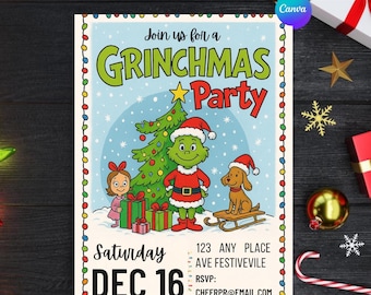 Grüne Weihnachtsfeier-Einladung Bearbeitbare Canva-Vorlage Lustige Grinchmas-Art Urlaub Einladen Digitaler Download