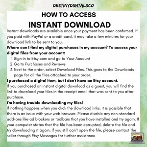 Op de afbeelding: Een witte tekstbox met een groene achtergrond en een groen-wit bloemenpatroon. De tekstbox bevat instructies over hoe je toegang krijgt tot instant downloads op Etsy. De tekst bevat het volgende: "Hoe toegang te krijgen tot instant downloads", "Instant downloads zijn beschikbaar zodra je betaling is bevestigd. Als je met PayPal of een creditcard hebt betaald, kan het een paar minuten duren voordat je downloadlink naar je wordt verzonden.", "Waar kan ik mijn digitale aankopen vinden in mijn account? Om toegang te krijgen tot je digitale bestanden vanuit je account:", "1. Meld je aan bij Etsy.com en ga naar Je account", "2. Ga naar Aankopen en beoordelingen", "3. Selecteer naast de bestelling "Bestanden downloaden". Dit gaat naar de downloadpagina voor alle bestanden die bij je bestelling zijn gevoegd.", "Ik heb een digitaal item gekocht, maar ik heb geen Etsy-account.", "Als je een instant digitaal download als gast hebt gekocht, vind je de link om je bestanden te downloaden in de ontvangst-e-mail die naar je is verzonden na de aankoop.", "Ik heb problemen met het downloaden van mijn bestanden!", "Als er niets gebeurt wanneer je op de downloadlinks klikt, is het mogelijk dat er een probleem is met je webbrowser. Schakel alle niet-standaard add-ons uit, zoals advertentieblokkers of werkbalken die je hebt ge&iuml;nstalleerd, en probeer het opnieuw. Als je computer aangeeft dat het bestand beschadigd is, verwijder het bestand en probeer het opnieuw te downloaden. Als je het bestand nog steeds niet kunt openen, neem dan contact op met de verkoper via Etsy Messages voor verdere assistentie."