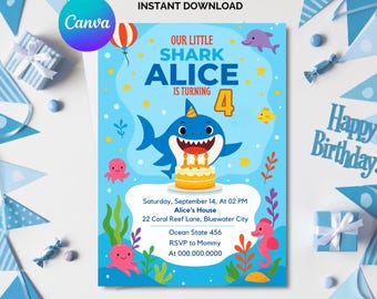 Invitación de cumpleaños de tiburón, fiesta submarina (plantilla editable de Canva, descarga digital)