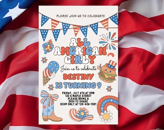 Patriotic Girl Birthday Invitation, July 4th BBQ (Editable Template)