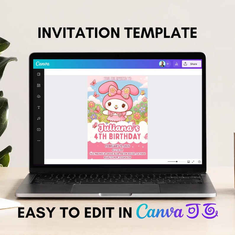 May include: A laptop screen shows a vibrant invitation template for a 4th birthday celebration. The design includes a cartoon character, butterflies, and flowers. The invitation text reads "Juliana's 4th Birthday" with date, time, and location. The Canva logo is also visible on the screen.