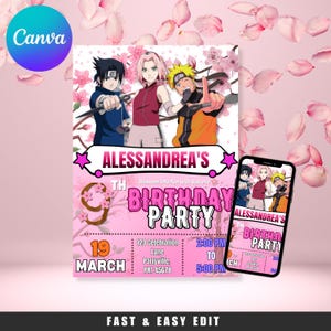 Invitation d'anniversaire anime fleurs de cerisier Invitation fête sur le thème kawaii Modèle numérique modifiable Anniversaire anime rose pour enfants Téléchargement instantané