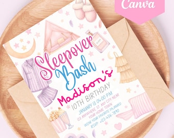 Sleepover Birthday Invitation Editable Canva Template Slumber Pajama Party Invite Girls Night Digital Download