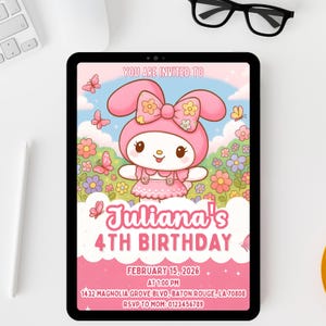 May include: A digital tablet shows a pink birthday invitation. The invitation features a cartoon character in a pink bunny outfit, surrounded by flowers and butterflies. Text reads "Juliana's 4th Birthday" with date, time, and RSVP details.