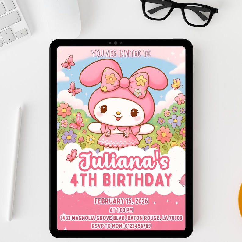 May include: A digital tablet shows a pink birthday invitation. The invitation features a cartoon character in a pink bunny outfit, surrounded by flowers and butterflies. Text reads "Juliana's 4th Birthday" with date, time, and RSVP details.
