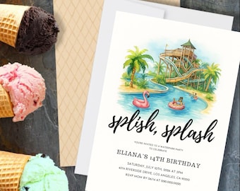 Waterpark Birthday Invitation Editable Canva Template Splash Beach Pool Party Invite Summer Digital Download