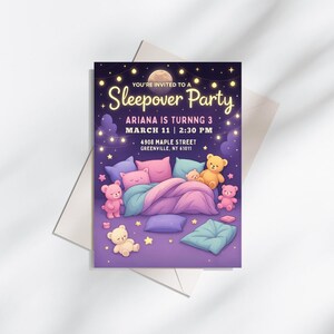 Invitation d'anniversaire pyjama fille modèle de fête modifiable pyjama pyjama pyjama nuit ours mignon coussin inviter carte de téléchargement numérique