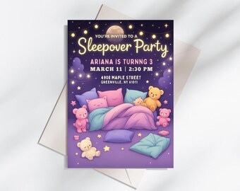 Slumber Party Invitation Girl, Bear & Pillow (Digital Download)