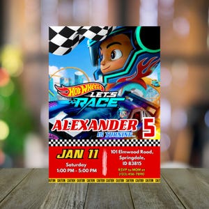 Hot Wheels verjaardagsuitnodiging bewerkbare Let's Race partij sjabloon raceauto uitnodigen Canva digitale download afdrukbare Hot Wheels thema decor