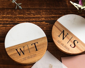 Set di sottobicchieri personalizzati in marmo e legno, regalo di nozze inciso
