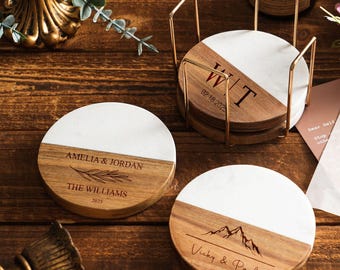 Set di sottobicchieri personalizzati in marmo e legno, regalo di nozze inciso