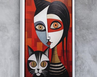 Picasso Style Cat Art, Abstract Woman with Cat Canvas, Cubist Red Wall Decor, Modern Cat Lover Gift, Striped Woman Painting