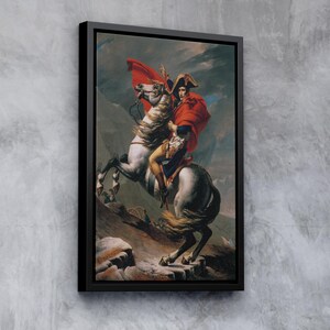 May include: A painting of a man on horseback riding through a mountainous landscape. The man is wearing a red coat and a bicorne hat. The horse is white with a brown mane and tail.