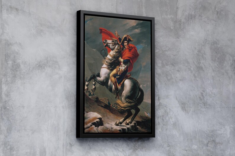 May include: A painting of a man on horseback riding through a mountainous landscape. The man is wearing a red coat and a bicorne hat. The horse is white with a brown mane and tail.