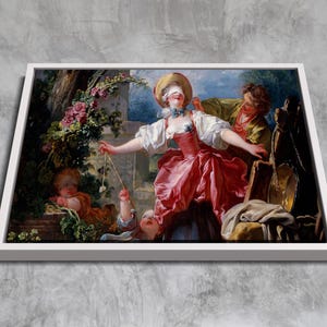 Puede incluir: Una pintura que representa a una mujer con un vestido rojo y un antifaz, sosteniendo una cuerda con un objeto pequeño unido a ella. Hay dos figuras más en el fondo, una de las cuales está tocando un instrumento musical.