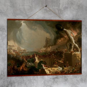 May include: A painting depicting a dramatic scene of chaos and destruction. A large, muscular figure stands atop a crumbling building, holding a sword aloft. In the background, a city burns, with smoke and flames billowing into the sky. The painting is filled with a sense of urgency and despair.