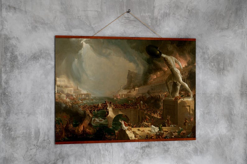 May include: A painting depicting a dramatic scene of chaos and destruction. A large, muscular figure stands atop a crumbling building, holding a sword aloft. In the background, a city burns, with smoke and flames billowing into the sky. The painting is filled with a sense of urgency and despair.