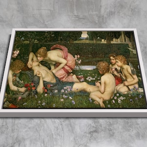 Puede incluir: Impresión enmarcada de una pintura clásica que representa varias figuras en un jardín. La obra de arte presenta figuras desnudas, flores y un exuberante fondo verde. La pintura está en un marco blanco.