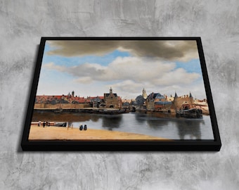 May include: A painting depicting a cityscape with a canal in the foreground. The buildings are mostly brick and stone, with some wooden structures. The sky is cloudy and blue, and there are a few people walking along the canal.