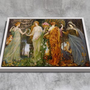 以下が含まれることがあります： 森の中にいる5人の人物を描いた絵画。人物はゆったりとしたローブを着ており、儀式か祝典に参加しているように見える。色は鮮やかで、細部まで丁寧に描かれている。