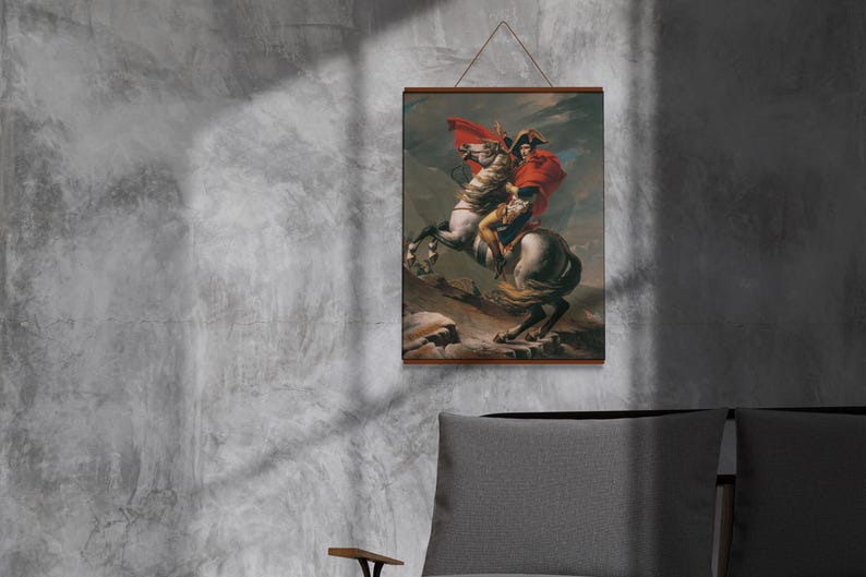 May include: A painting of a man on horseback, wearing a red cloak and a bicorne hat. The horse is white with a black mane and tail. The painting is set against a mountainous backdrop.