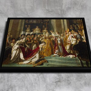 Könnte beinhalten: Ein Gemälde, das eine historische Szene mit einer großen Gruppe von Menschen in aufwendigen Kleidern darstellt. Die zentrale Figur ist ein Mann in einem roten und goldenen Gewand, der von einem anderen Mann gekrönt wird. Das Gemälde spielt in einem prunkvollen Saal mit kunstvollen Verzierungen.