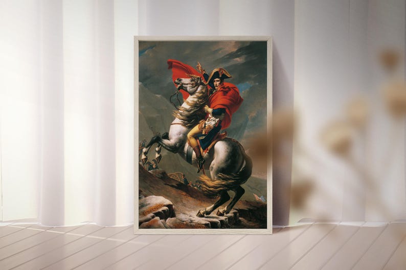 May include: A painting of a man on horseback, wearing a red coat and a bicorne hat. The horse is white with a black mane and tail. The background is a mountainous landscape.