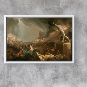 May include: A painting depicting a dramatic scene of chaos and destruction. A large, muscular figure stands atop a crumbling building, holding a shield aloft. In the background, a city is engulfed in flames and smoke. The painting is filled with a sense of urgency and despair.