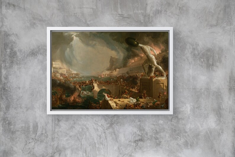 May include: A painting depicting a dramatic scene of chaos and destruction. A large, muscular figure stands atop a crumbling building, holding a shield aloft. In the background, a city is engulfed in flames and smoke. The painting is filled with a sense of urgency and despair.