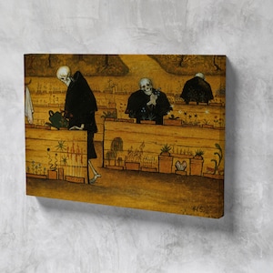 May include: A painting of three skeletons dressed in black robes tending to a garden. The skeletons are standing in a row, with the one in the middle holding a small object in their hand. The garden is filled with flowers and plants, and the background is a dark green.