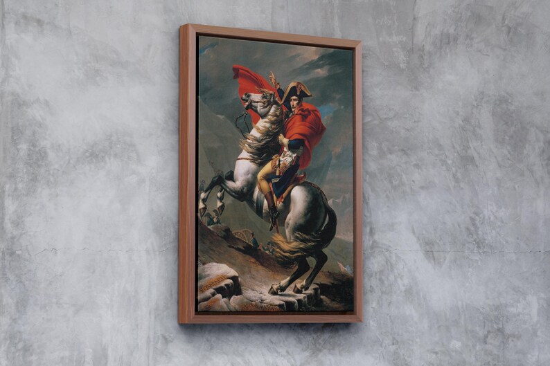 May include: A painting of a man on horseback, wearing a red cloak and a bicorne hat. The horse is white and the man is riding up a mountain.