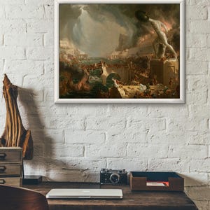 May include: A framed painting depicting a chaotic scene of a city in ruins. The painting is set against a stormy sky with a lightning bolt in the distance. A large figure is seen lifting a piece of debris, while people flee in panic.