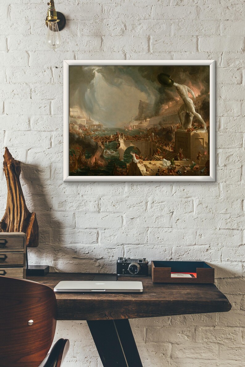May include: A framed painting depicting a chaotic scene of a city in ruins. The painting is set against a stormy sky with a lightning bolt in the distance. A large figure is seen lifting a piece of debris, while people flee in panic.