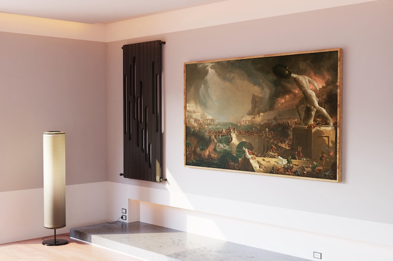 May include: A large framed painting of a dramatic scene with a figure standing on a pedestal, surrounded by people and a city in the background. The painting is in a room with a modern radiator and a floor lamp.
